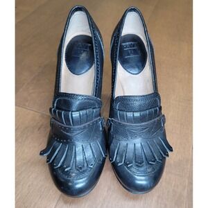 Frye Naya Kiltie Moc Platform Heels Black Leather Women 7.5 M Tassel